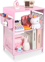 Pink Small Nightstand, Kids Nightstand for Bedroom, End Table with Hooks and Holder, Toddler Bedside Table for Girls, Desk Organizer for Office, Dorm (Pink)