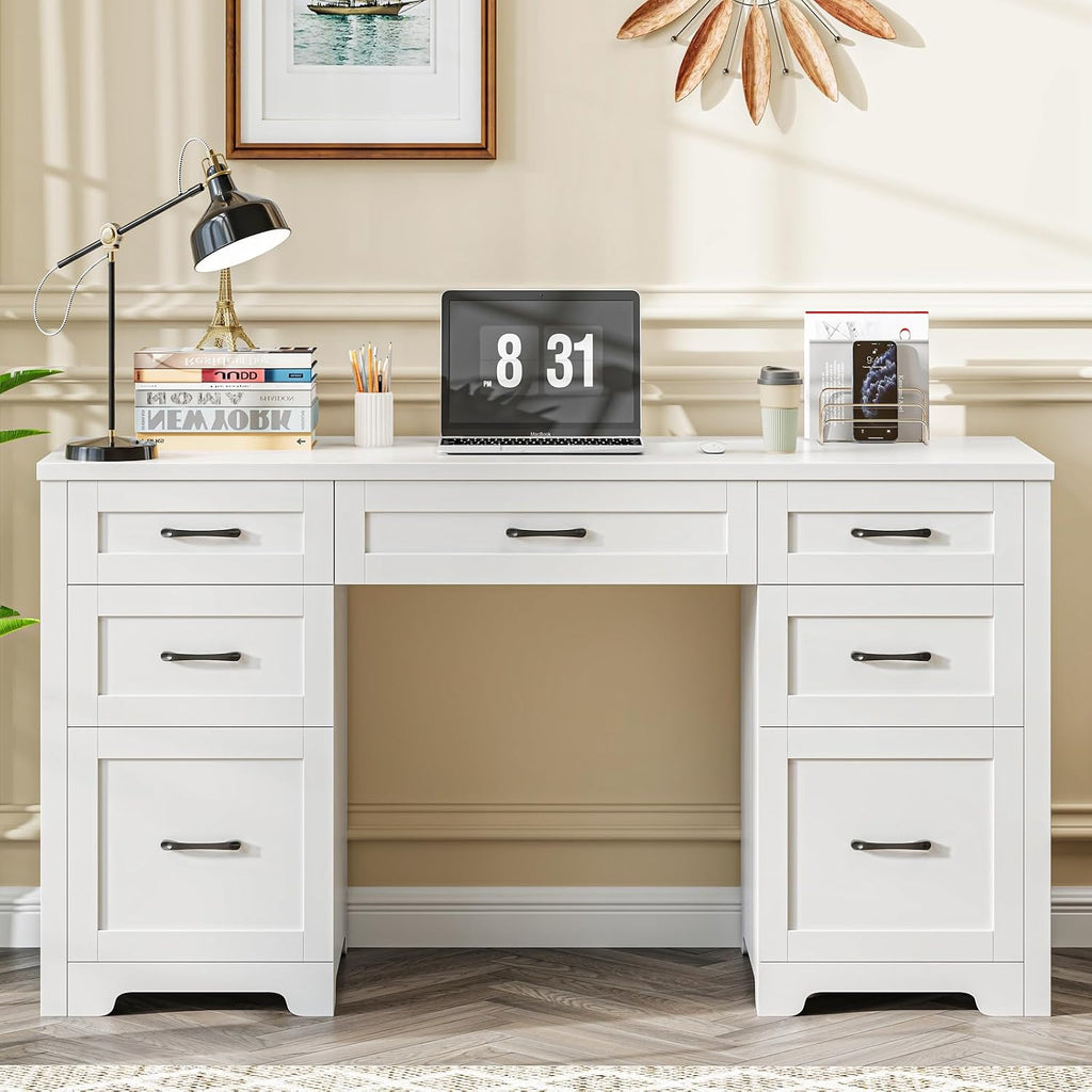Vabches Farmhouse 61'' Executive Desk with 7 Drawers, Rustic Office Desk Computer Table with File Drawers, Wood Workstation for Home Office and Study,Cream White