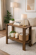 Solid Wood 2-Tier Side Table - Scandinavian Style Decorative Shelf End Table/Nightstand for Living Room, Brown