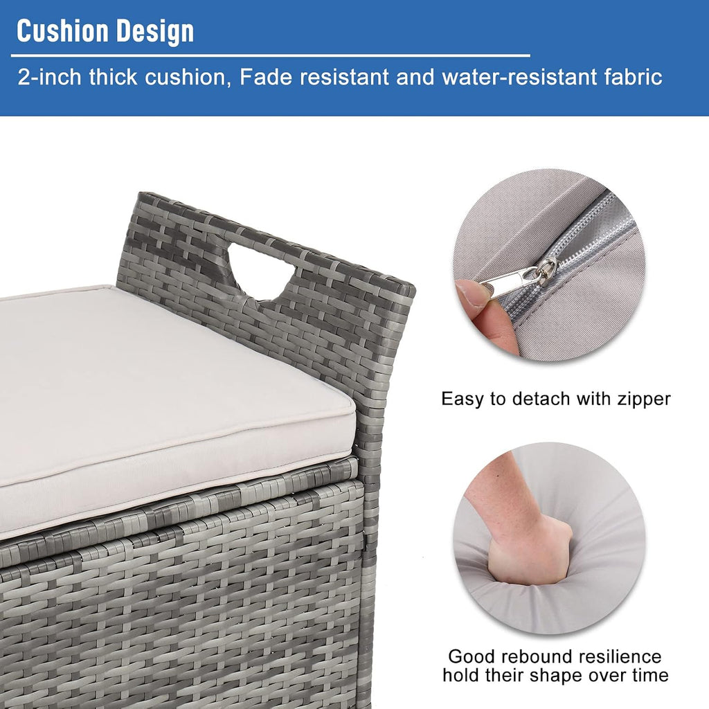 Wicker Outdoor Storage Bench,33 Gallon Rattan Deck Box with Side Handles & Soft Cushion,Patio Bench with Storage,Outdoor Furniture for Pillows,Garden Tools,Pool Accessories,Sports Equipment (Gray)
