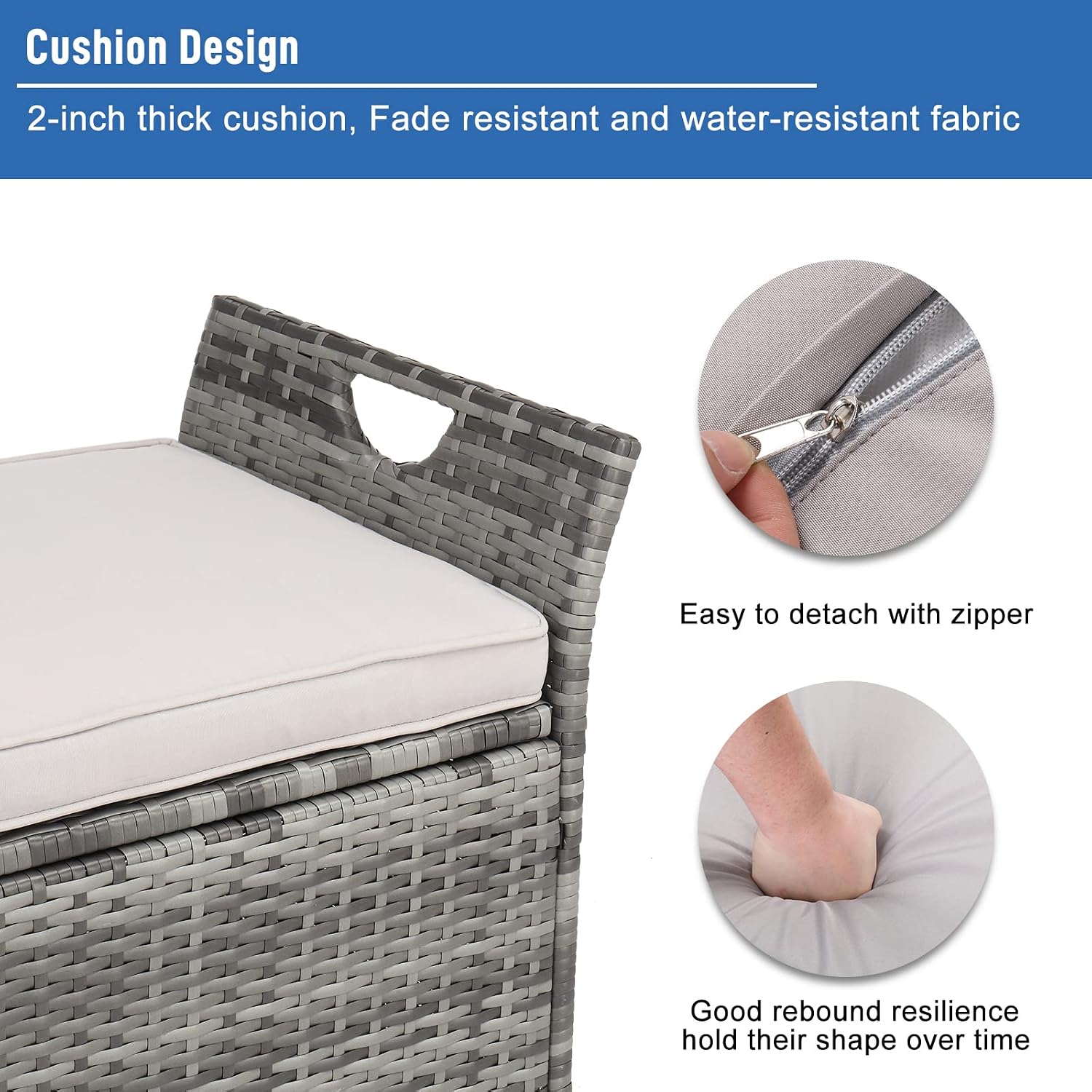 Wicker Outdoor Storage Bench,33 Gallon Rattan Deck Box with Side Handles & Soft Cushion,Patio Bench with Storage,Outdoor Furniture for Pillows,Garden Tools,Pool Accessories,Sports Equipment (Gray)