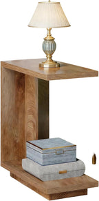 C Shaped End Table, Wood Side Table Nightstand - Bedside Table with 2 Shelves, Modern Living Room Small Accent Table