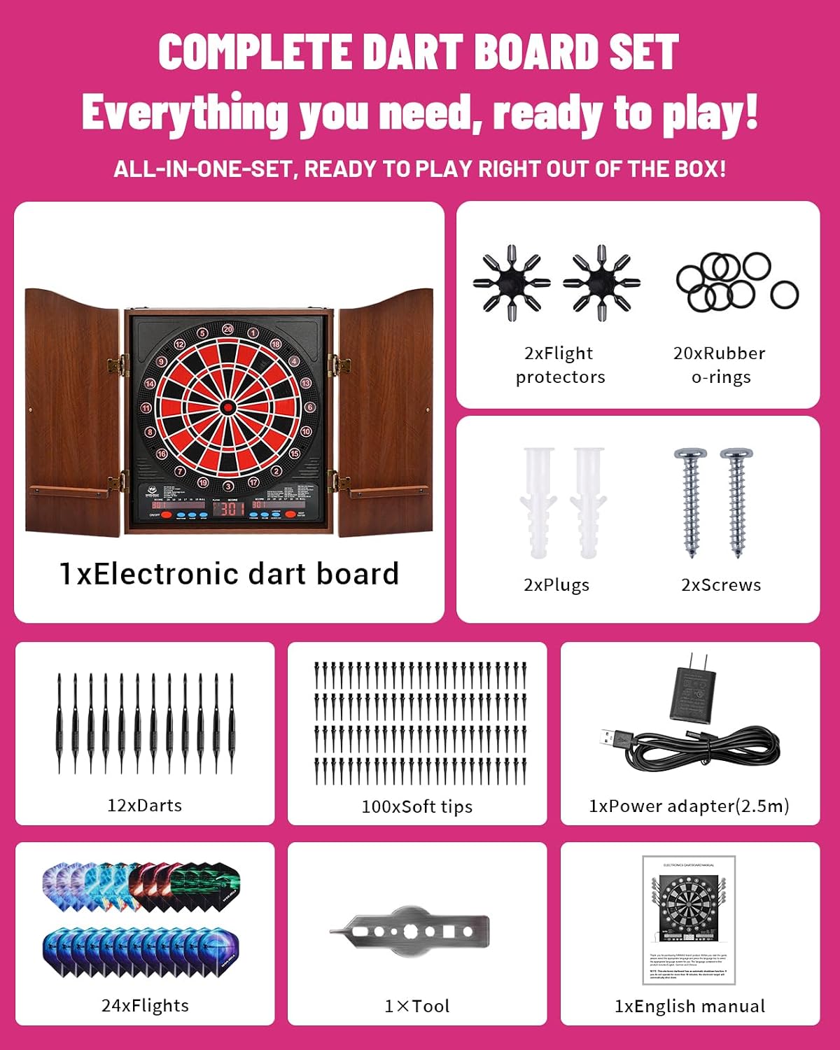 Electronic Dart Board with Cabinet Set, Dartboard with 8-Player Color Light | 3 Large LCD Displays with 34 Games, Automatic Scoring, 12 Darts+100 Tips, Great Gift for Man Cave Game Room Home Bar