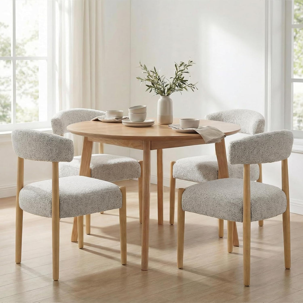 VKNOW Wooden Dining Chairs Set of 2 with Rubberwood Legs, Curved Backrest | Modern Upholstered Dining Chairs with Thickened Cushion, Soft Chenille Fabric, for Dining Room/Kitchen, Heathered Off-White