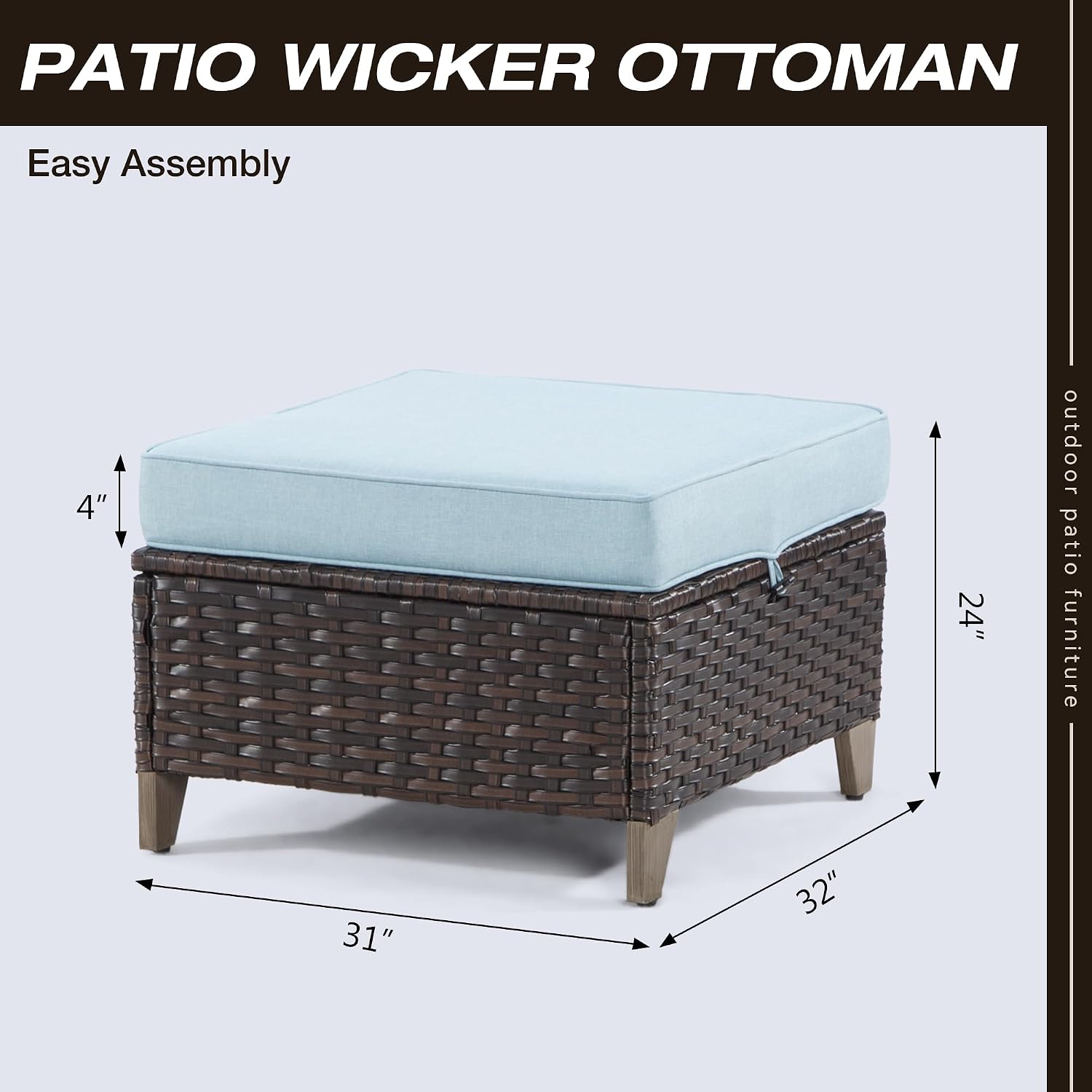Patio Ottoman Set of 2, All Weather Outdoor Rattan Ottomans Patio Footstools with Removable Cushions for Garden Backyard Porch(Brown/Azure)