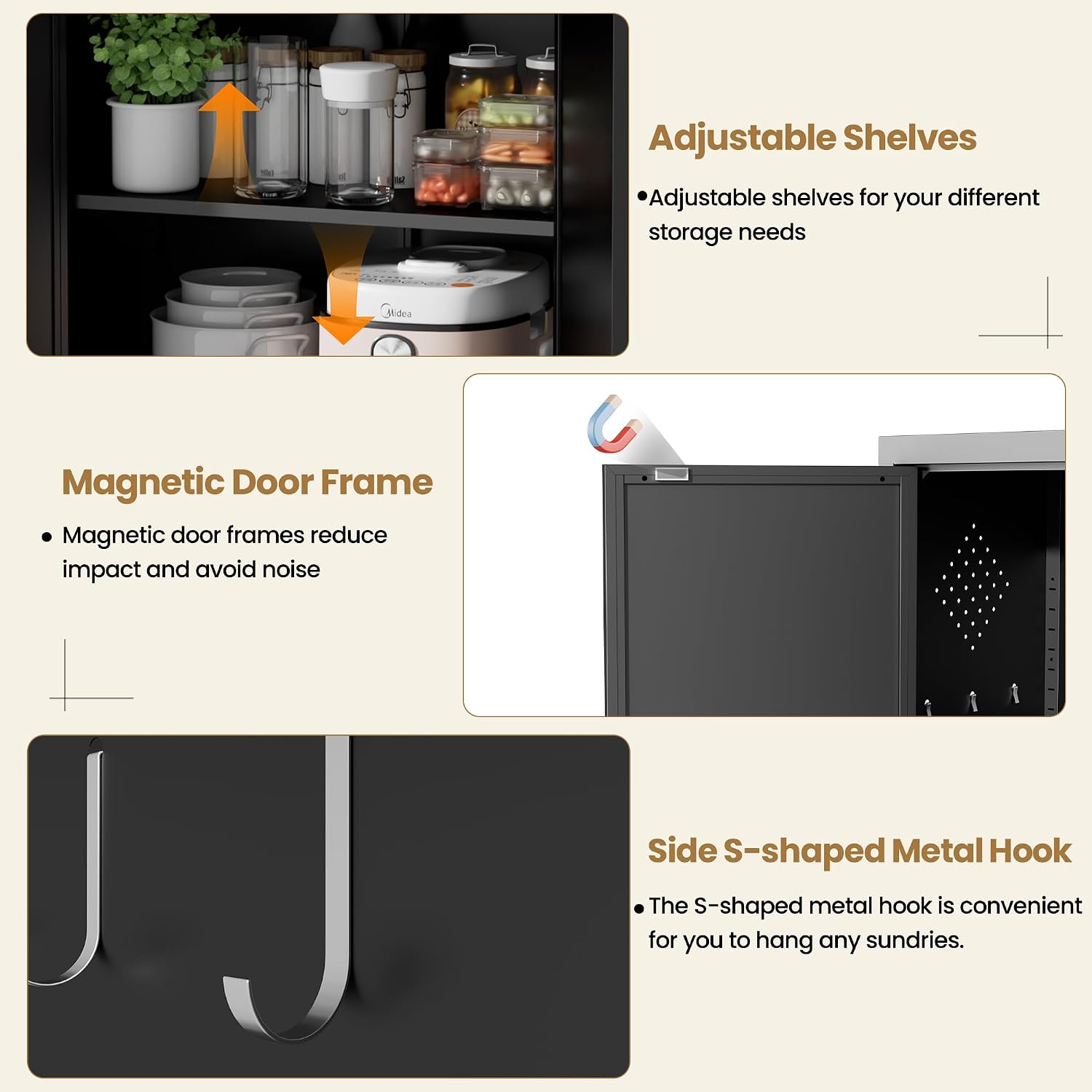 Kitchen Pantry Cabinet, 61" H Storage Cabinet with Doors and Adjustable Shelves, Spacious Cupboard with 2 Handles, Metal Kitchen Cabinet for Dining Room, Living Room,Black