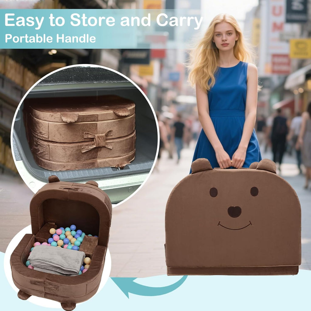 Toddler Travel Bed,Toddler Play Mat,Foldable&Portable Kids Floor Sofa with Removable Pillow,28D High-Density Sponge,Bear-Shaped 2-in-1 Activity Center for Reading, Playing,Little Sofa at Home