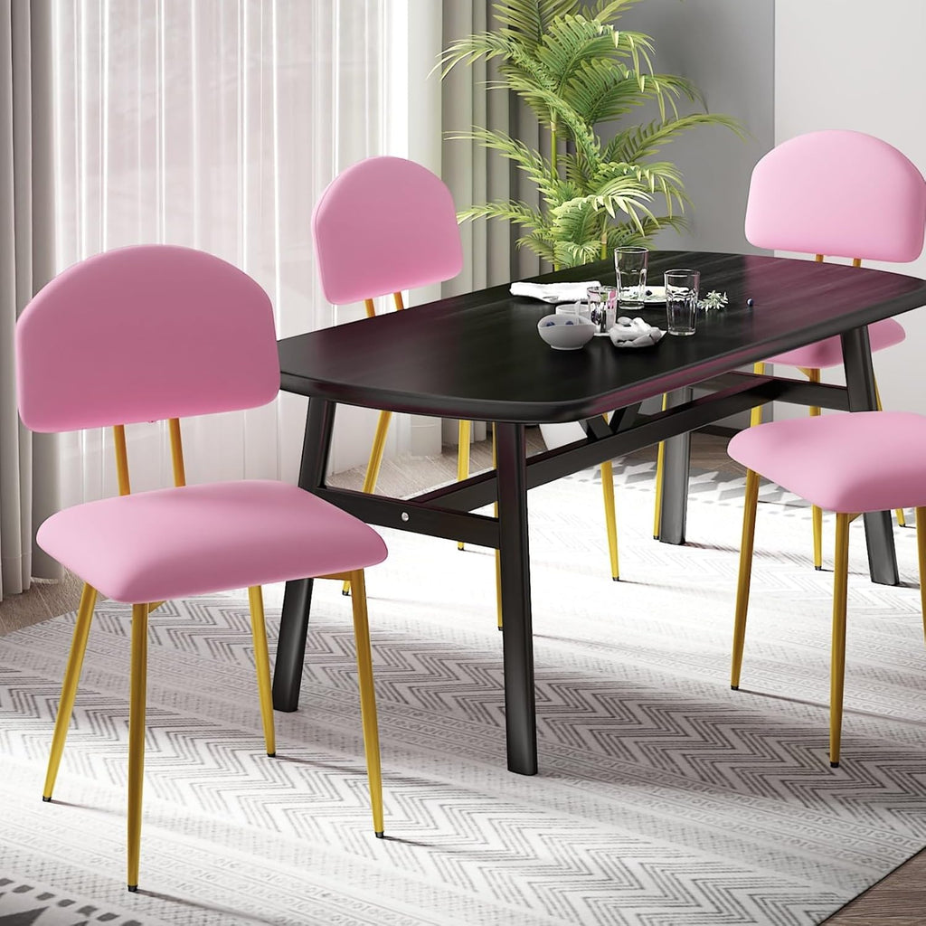 VECELO Dining Chairs Set of 4, Upholstered Kitchen Chairs with Extra Thick Cushion & Sturdy Metal Frame, Faux Leather Chairs for Vanity, Kitchen, Living Room, Pink