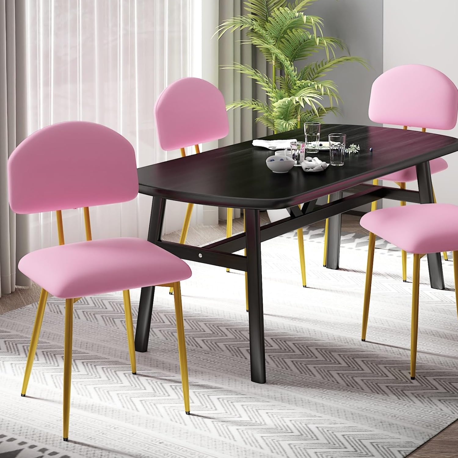 VECELO Dining Chairs Set of 4, Upholstered Kitchen Chairs with Extra Thick Cushion & Sturdy Metal Frame, Faux Leather Chairs for Vanity, Kitchen, Living Room, Pink