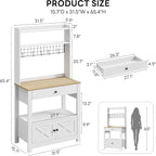 LIKIMIO Baker Rack with Spill-Safe Power Outlet & Drawer, Coffee Bar Cabinet with Storage, Farmhouse Microwave Stand with Hutch and 5 Hooks for Kitchen, White