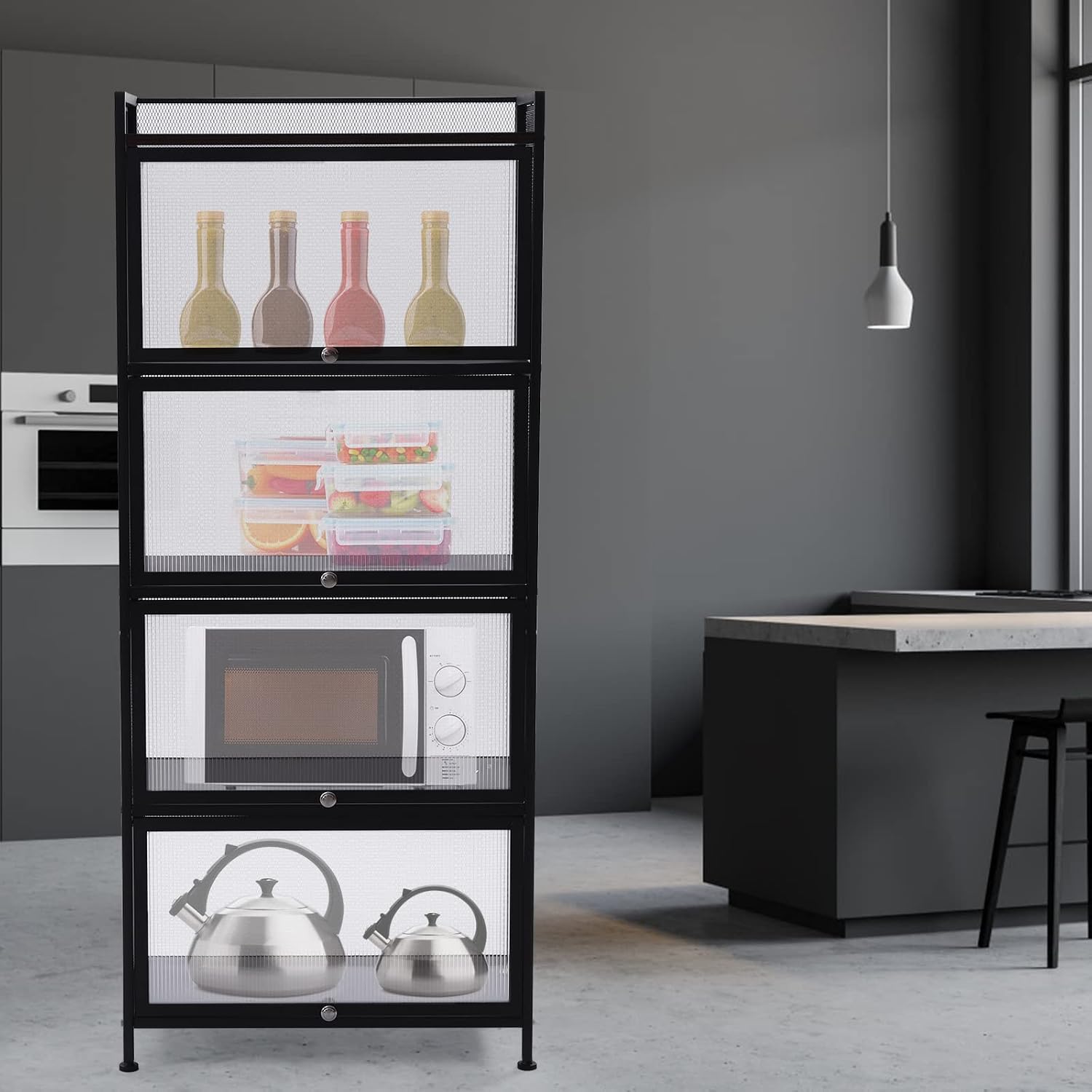 60x32x141.5cm 5-Tier Kitchen Storage Cabinet, Mobile Microwave Stand with Flip-Up Doors - Black Freestanding Kitchen Bakers Rack for Pantry, Bathroom Organizer