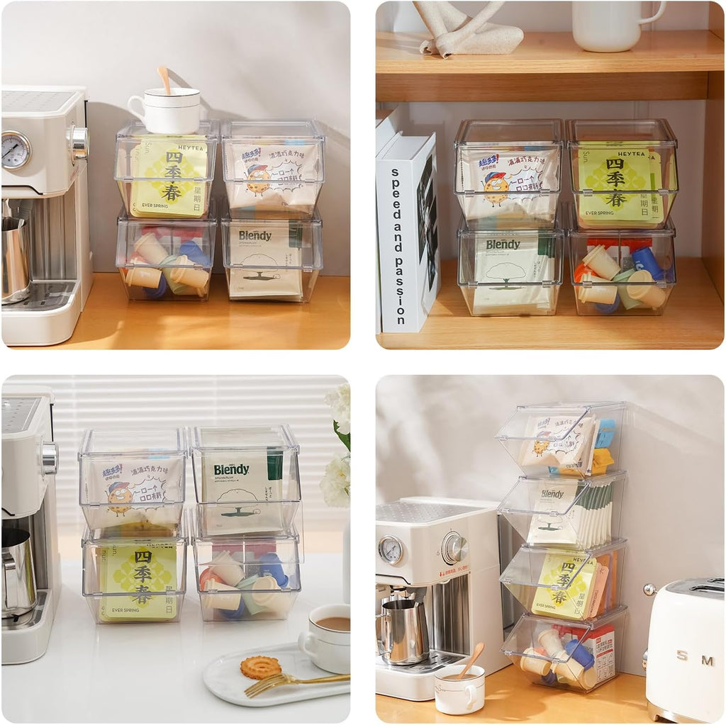 Tea Bag Organizer Coffee Pod Holder K Cup Holder, 4 Pack | Stackable Acrylic Desk Organizer Box with Lid