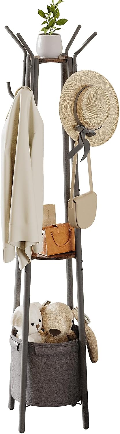 Homeiju Coat Rack with Storage Basket & 12 Hooks, Freestanding Heavy Duty Hall Tree for Entryway, Standing Coat Rack Stand for Hallway, Bedroom, Office