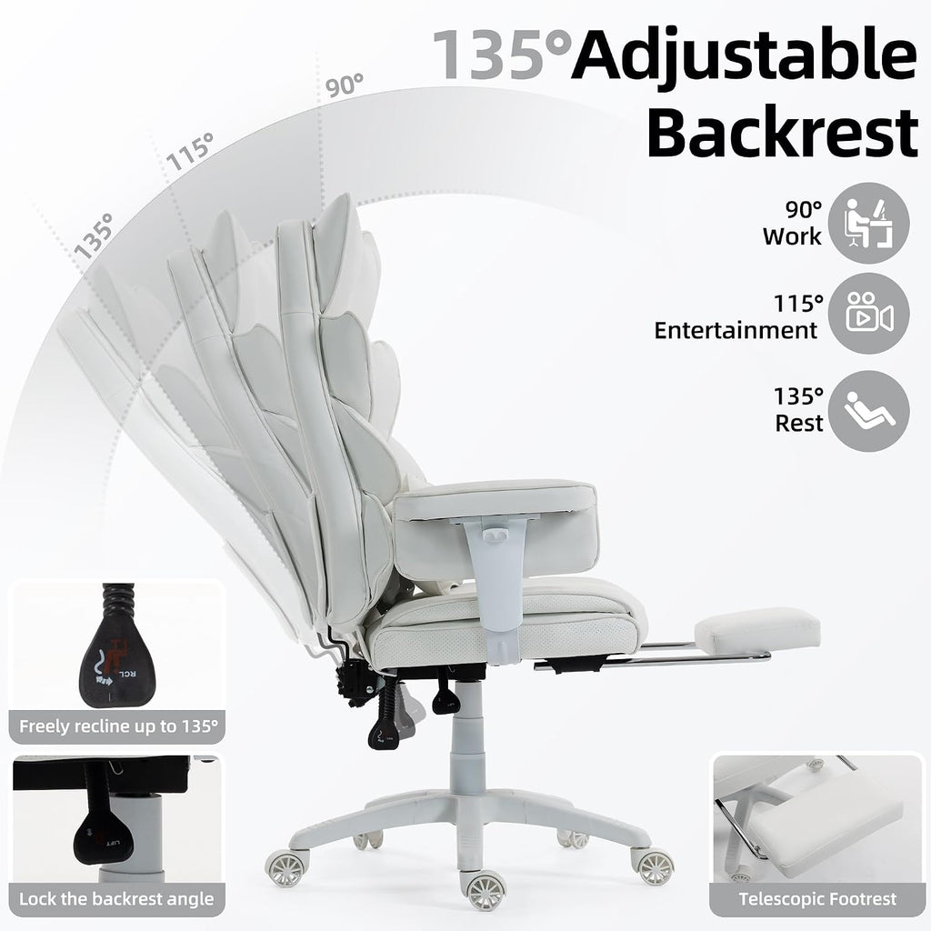 Office Chair,Executive Ergonomic Office Chair with Pocket Spring Cushion, High Back Computer Gaming Chair with Adjustable Armrests, Lumbar Support, Footrest, Executive Chair- White PU Leather