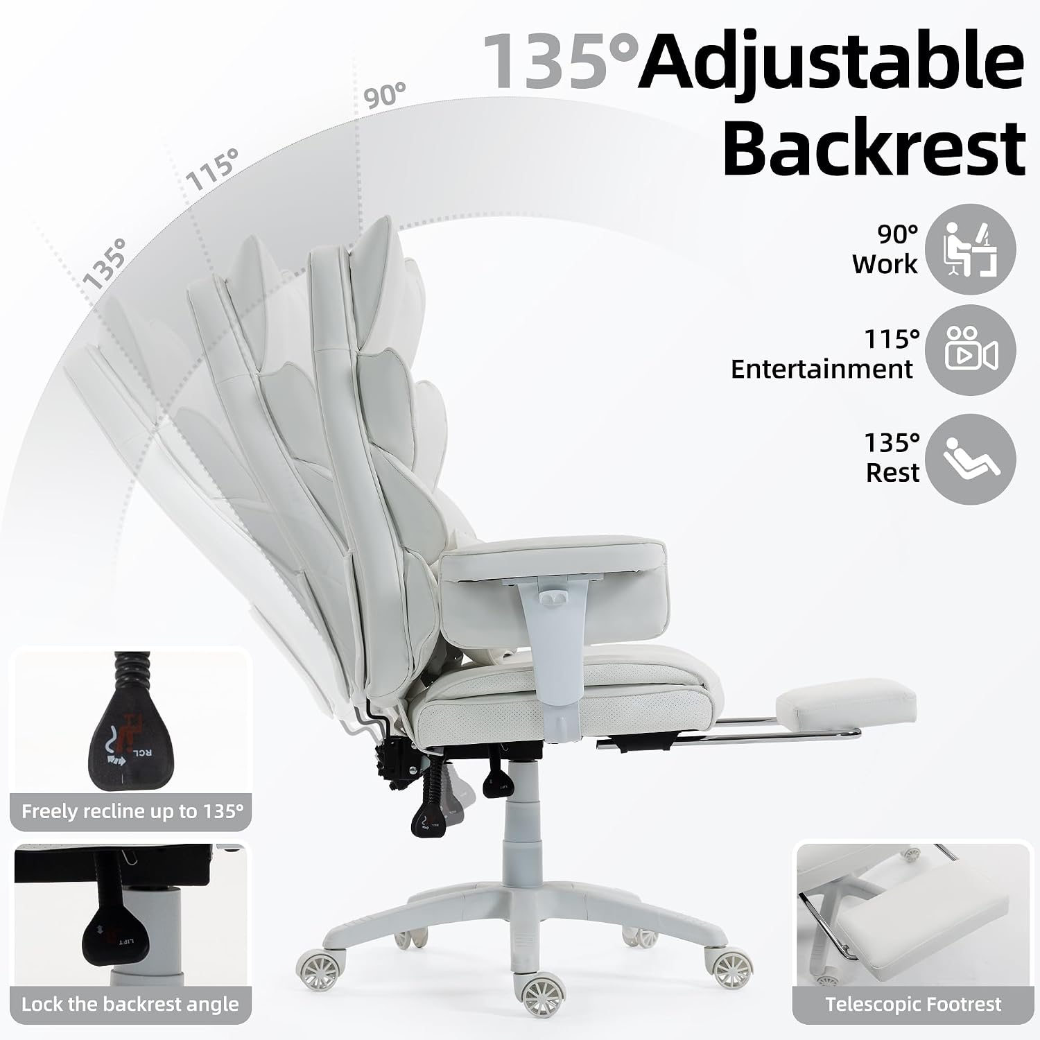 Office Chair,Executive Ergonomic Office Chair with Pocket Spring Cushion, High Back Computer Gaming Chair with Adjustable Armrests, Lumbar Support, Footrest, Executive Chair- White PU Leather