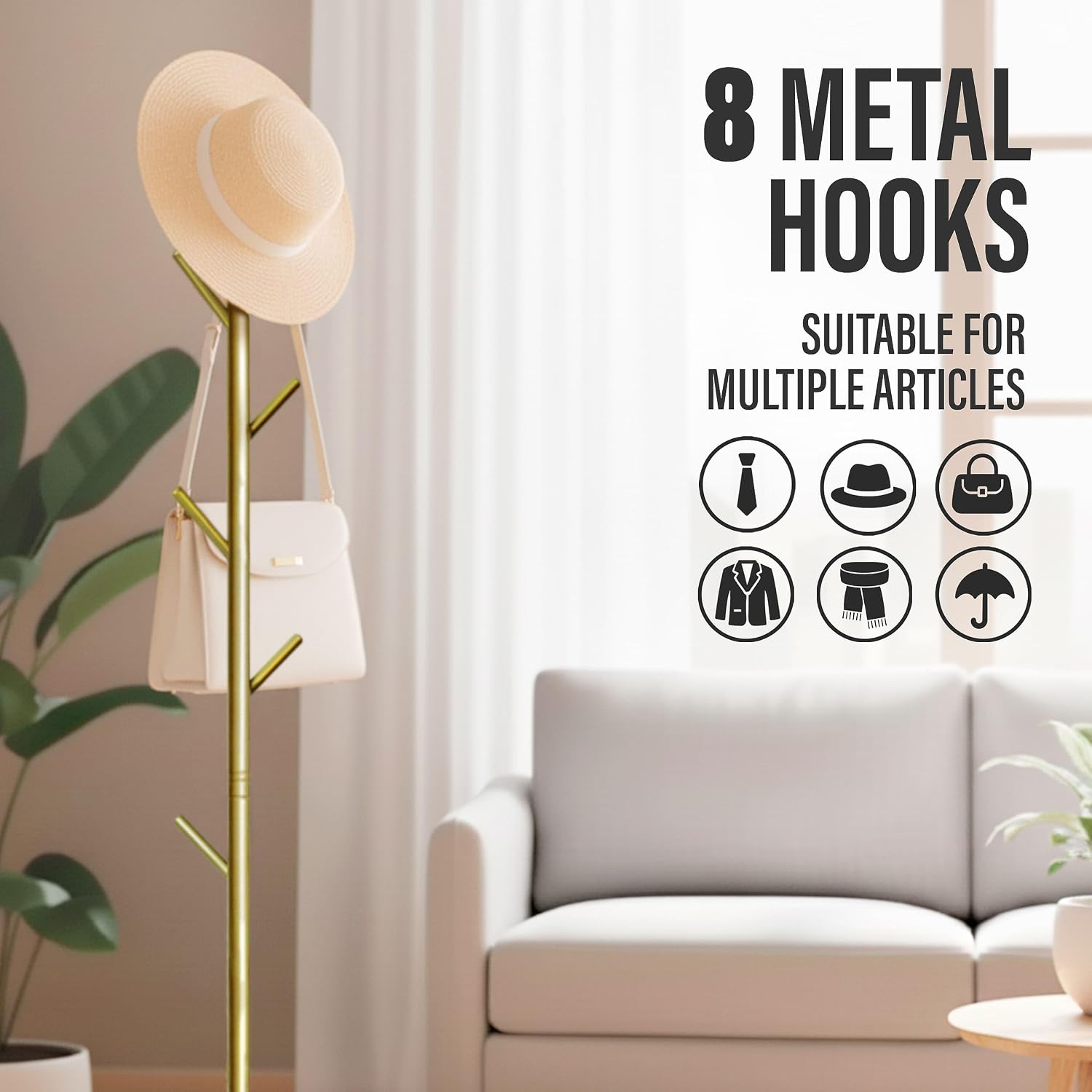 Coat Rack with Real Marble Base, Freestanding Metal Clothing Rack with 8 Hooks, Modern Hall Tree for Entryway, Bedroom & Office, Space Saving Coat Hanger Stand for Small Spaces (Gold)