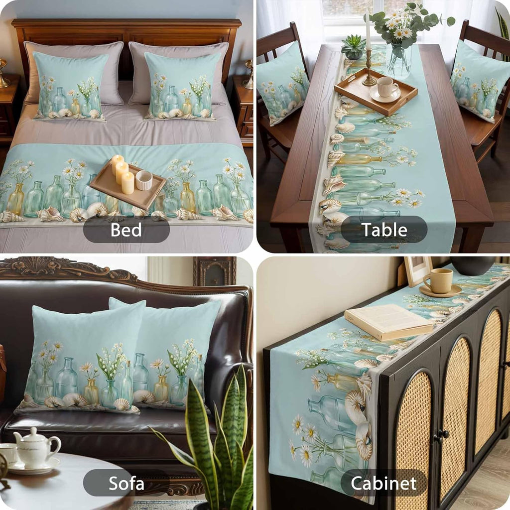 Nautical Conch Shell Bed Runners for Cal King Size Beds Sea Glass Bottles Coastal Floral Bed Scarf Matching Decorative Throw Pillow Covers Hotel Beds End Blanket Towel Bedspread Protection for Bedroom