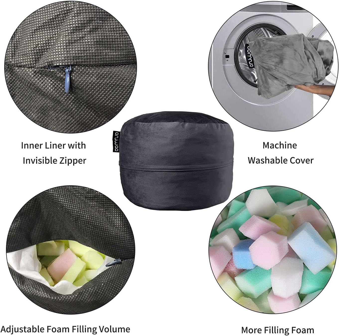 5FT Bean Bag Chair for Adults Memory Foam, Dutch Velvet Cover, Black | Gaming Cozy Chair, Oversized Bean Bag with Backrest & Armrests, Supports Reading, Gaming, Relaxing in Bedrooms, Living Rooms