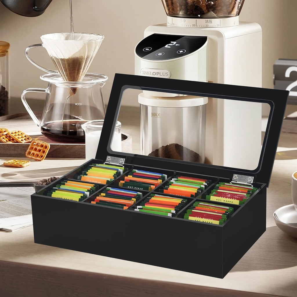 Tasybox Tea Bag Organizer, Acrylic Tea Box with Lid, Black Teabag Holder | 8 Slot Tea Bag Holder, Large Capacity Teabag Storage Box, Tea Organizers and Storage for Countertop, Pantry, Kitchen, Cabinet