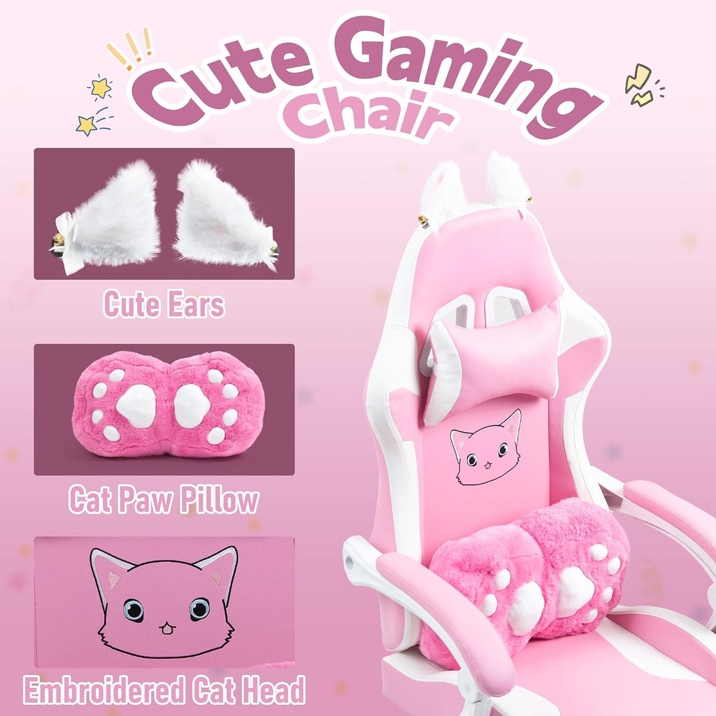 Pink Gaming Chair with Cat Paw Lumbar Cushion and Cat Ears, Reclining PC Game Computer Chairs, Ergonomic Gamer Chair for Kids, Girls, Teens