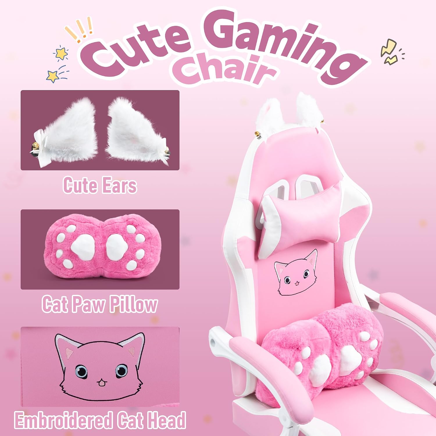 Pink Gaming Chair with Cat Paw Lumbar Cushion and Cat Ears, Reclining PC Game Computer Chairs, Ergonomic Gamer Chair for Kids, Girls, Teens