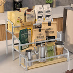Coffee Syrup Rack,12 Bottle Capacity,3 Tier Coffee Bar Organizer,Kitchen Wine Rack,Coffee Station for Syrup, Wine Stand Shelf,Coffee Bar Accessories (Light Yellow Wood, White)