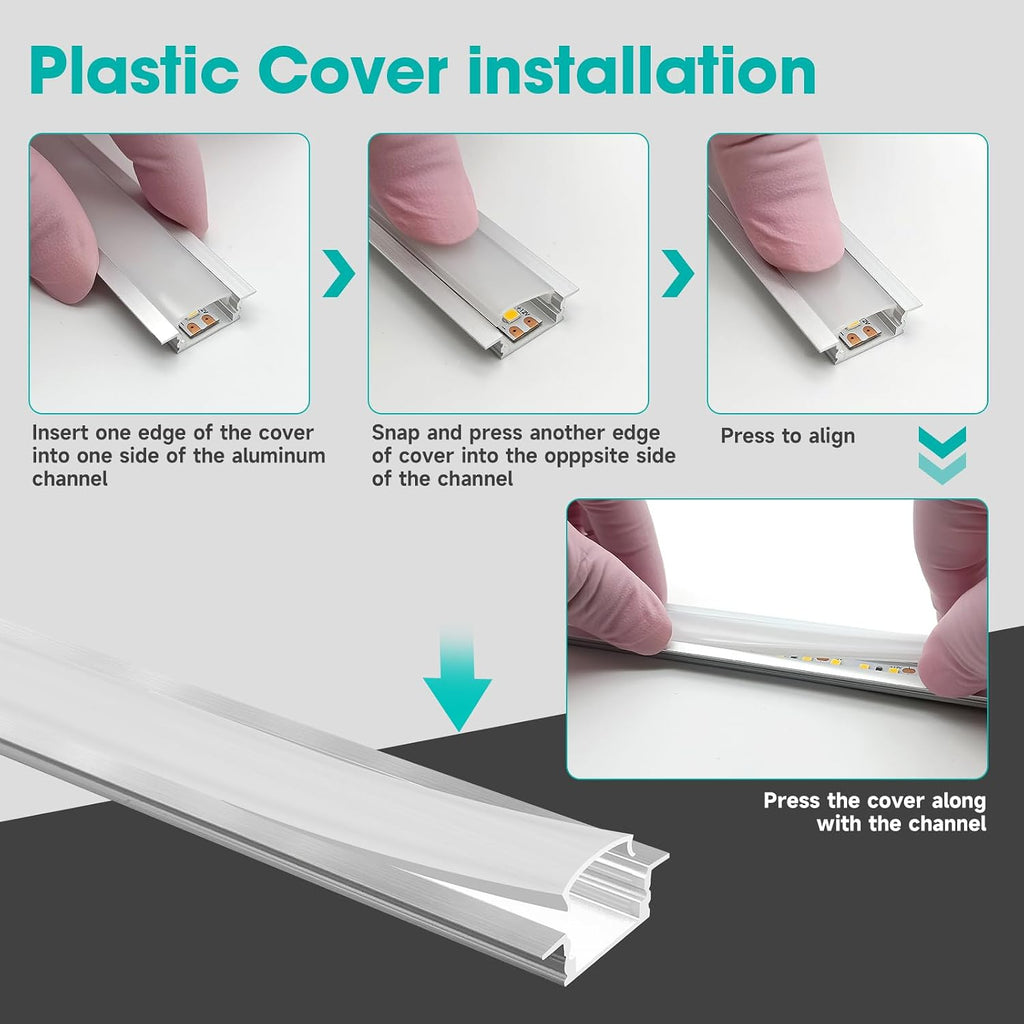 10-Pack 6.6ft/2Meter Silver Recessed LED Aluminum Channel for LED Strip Lights Diffuser Channel with Milky Cover End Caps and Mounting Clips, Flush Mounted LED Track for Ceiling Under Cabinet Closet.
