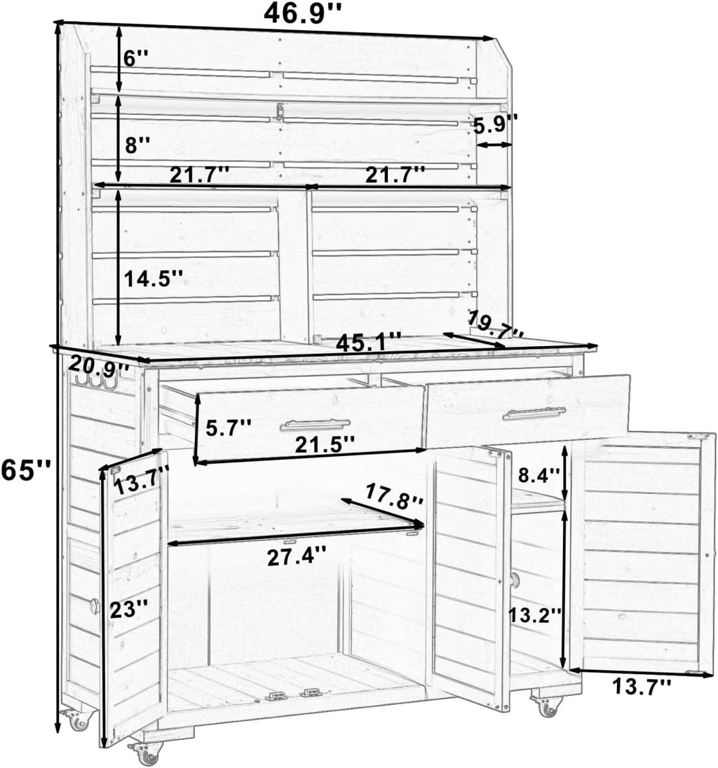 Large Garden Potting Bench with Storage Cabinet and Hutch Top