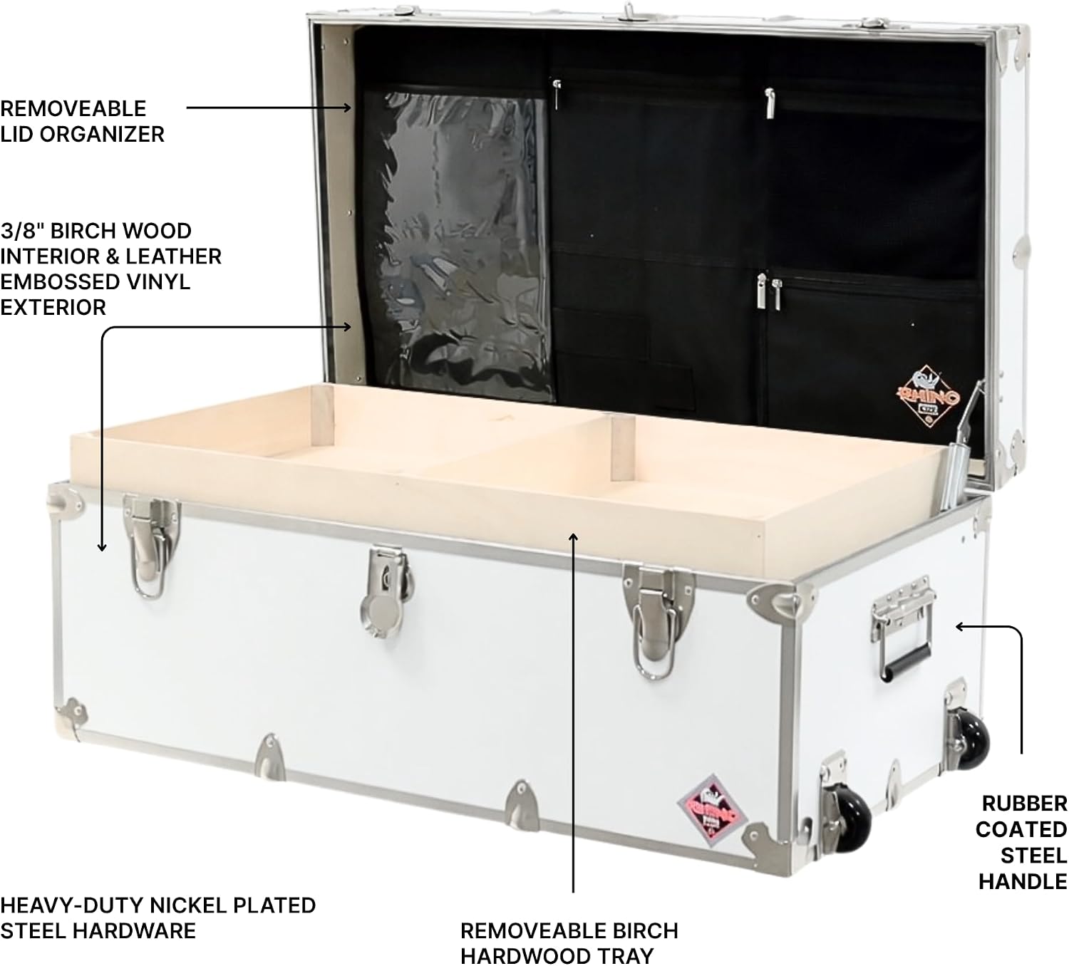 Rhino Trunk & Case Small Essential Trunk With Wheels, Tray, & Lid Organizer - 30"x17"x13", 1000+ lbs Capacity. Strong, USA Made Summer Camp Footlocker, and Secure College Dorm Storage Chest