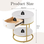 SUNBURY 19.7" Round Side Table with Drawer, Modern Faux Marble End Table with Open Storage Shelf, Gold Metal Frame Sofa Table for Living Room, Office, and Small Spaces, White & Gold