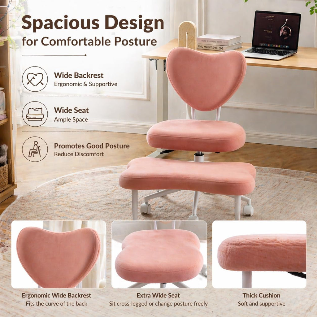 Cross Legged Office Chair, Velvet Ergonomic Criss Cross Chair with Wheels with Adjustable Height and Back Support for Yoga & ADHD, Wide Kneeling Chair, Home and Office,Yoga Chair, Pink