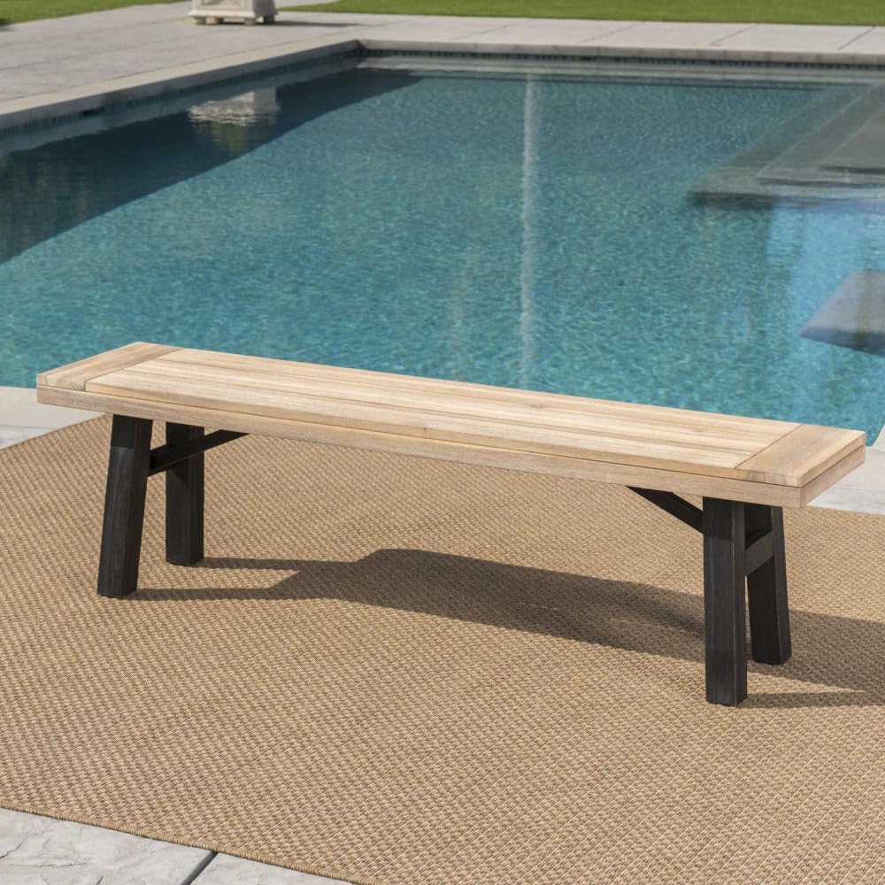 Outdoor Bench with Slat Panel Design and Acacia Wood Frame, Natural and Grey