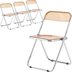 LeisureMod Lawrence Modern Clear Acrylic Folding Chair with Metal Frame, Space-Saving Transparent Seating for Dining Room, Home Office, Bedroom, Vanity or Small Spaces, (Amber, Set of 4)