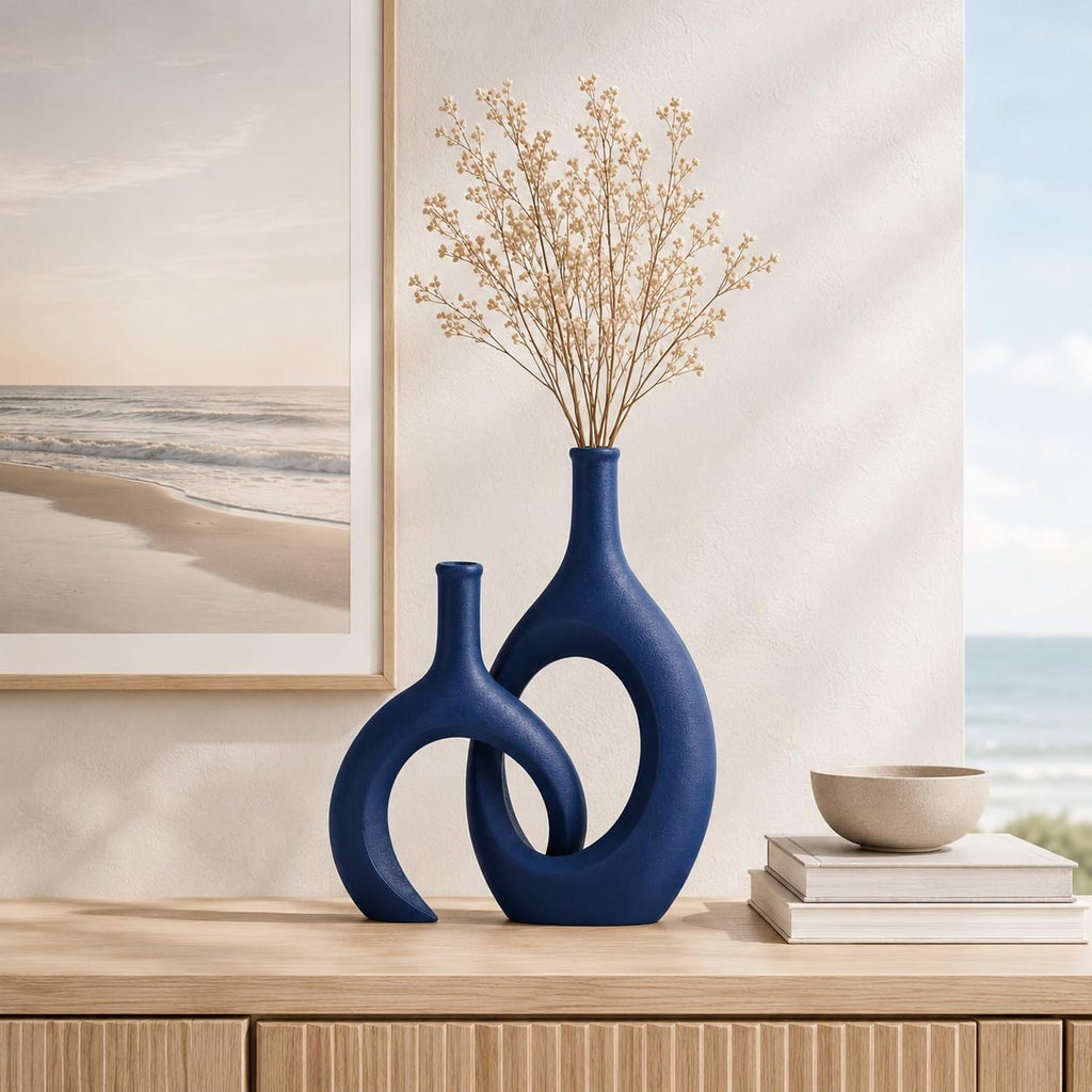 Navy Blue Unique Hollow Bud Vases Set of 2,Modern Snuggle and Huging Style Ceramic Vase for Pampas Grass,Living Room Decorations for Fireplace,Coffee Table Centerpiece,Mantle,Bookshelf Decor