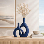 Navy Blue Unique Hollow Bud Vases Set of 2,Modern Snuggle and Huging Style Ceramic Vase for Pampas Grass,Living Room Decorations for Fireplace,Coffee Table Centerpiece,Mantle,Bookshelf Decor