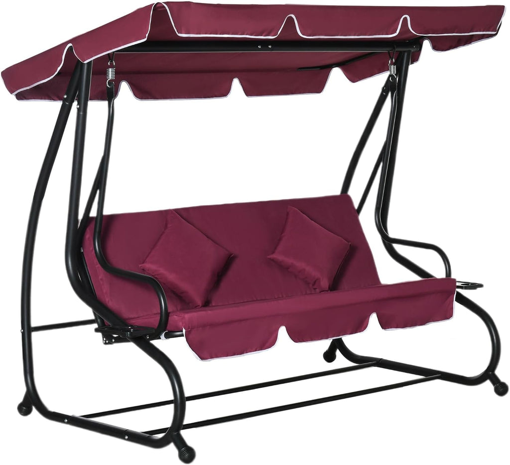 3-Person Outdoor Porch Swing Bed with Canopy and Cup Holders