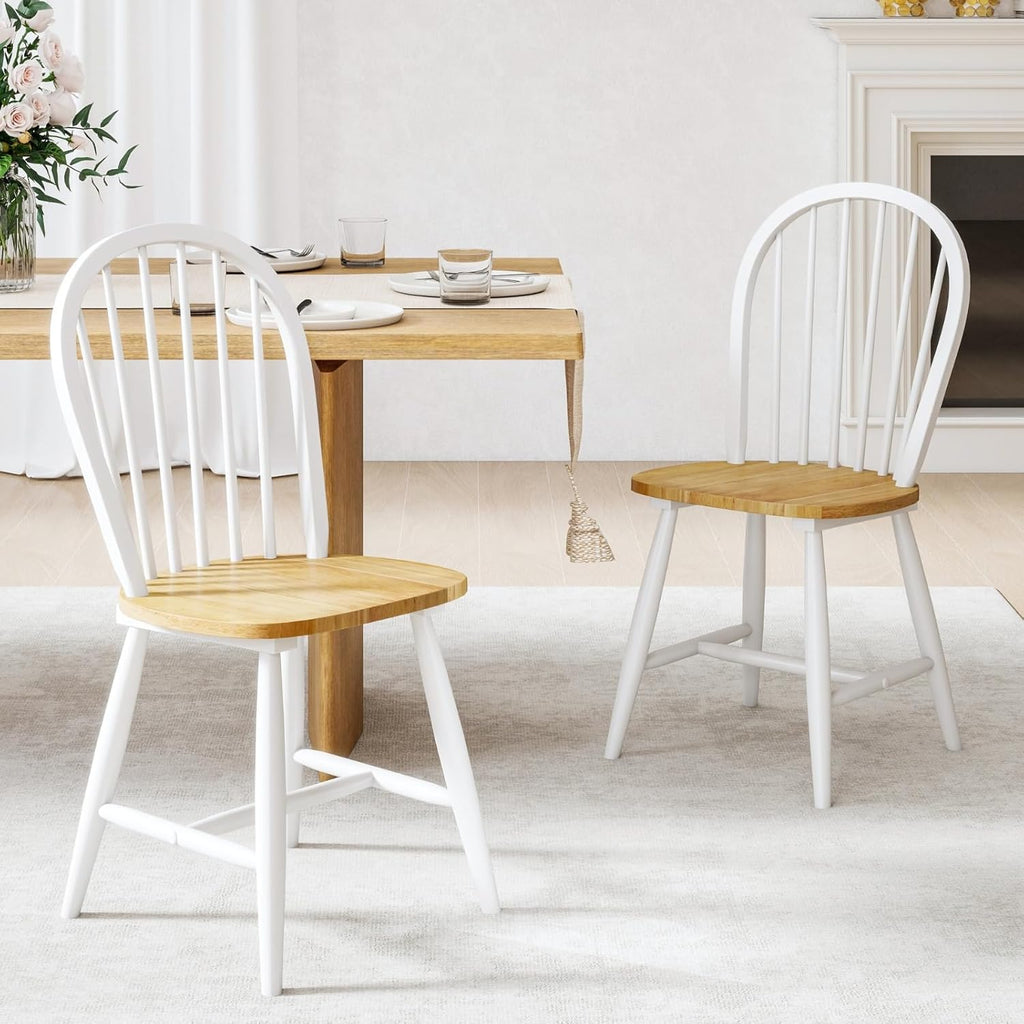 chairus White Windsor Dining Chairs Set of 2, Farmhouse Wooden Dining Room Chairs with Spindle Bow Back, Modern Cottage Oak Side Kitchen Chairs