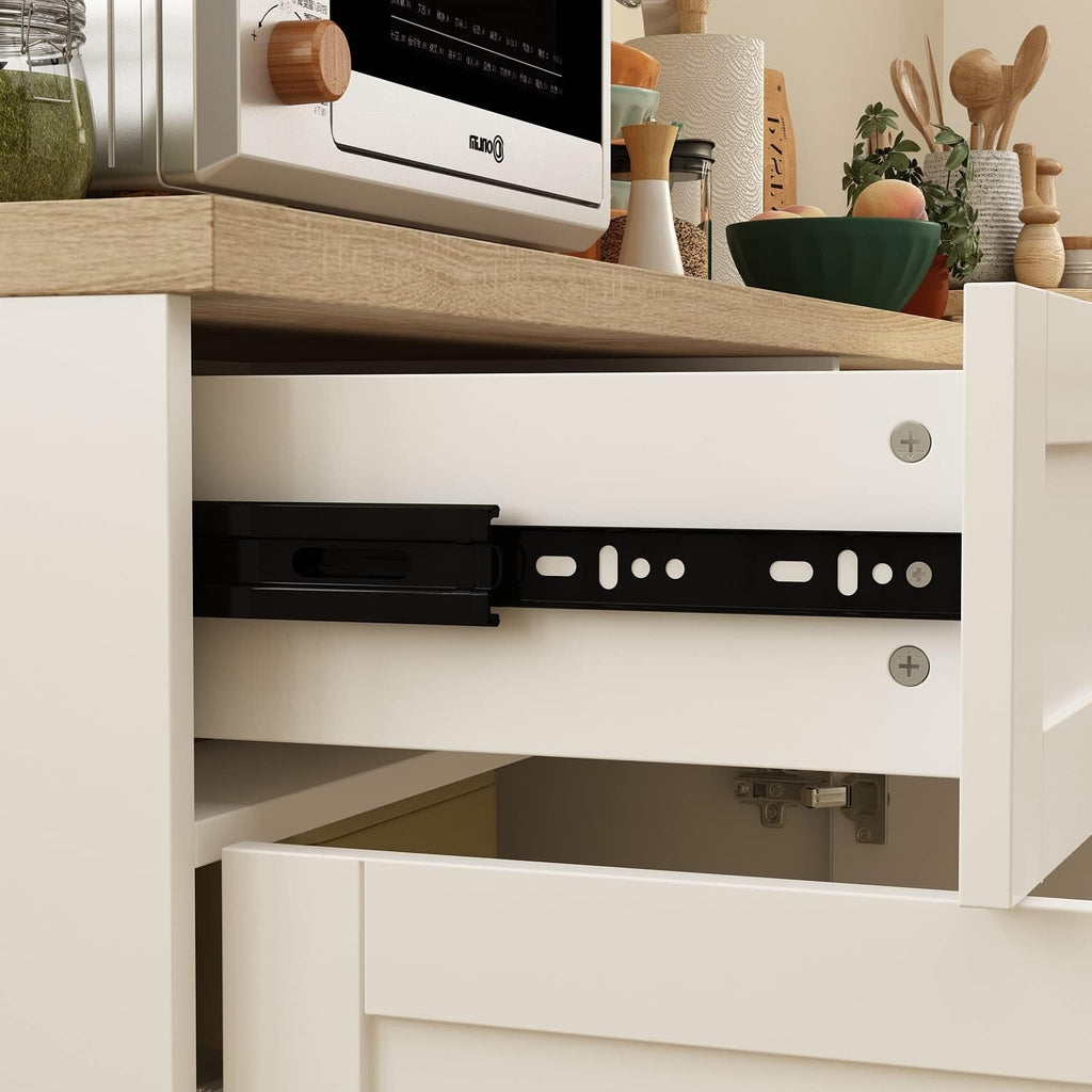 ECACAD Wall-Mounted Kitchen Pantry with Doors, Drawers & Adjustable Shelves, Kitchen Cupboard Storage Cabinet with Oak Top for Living Room, White
