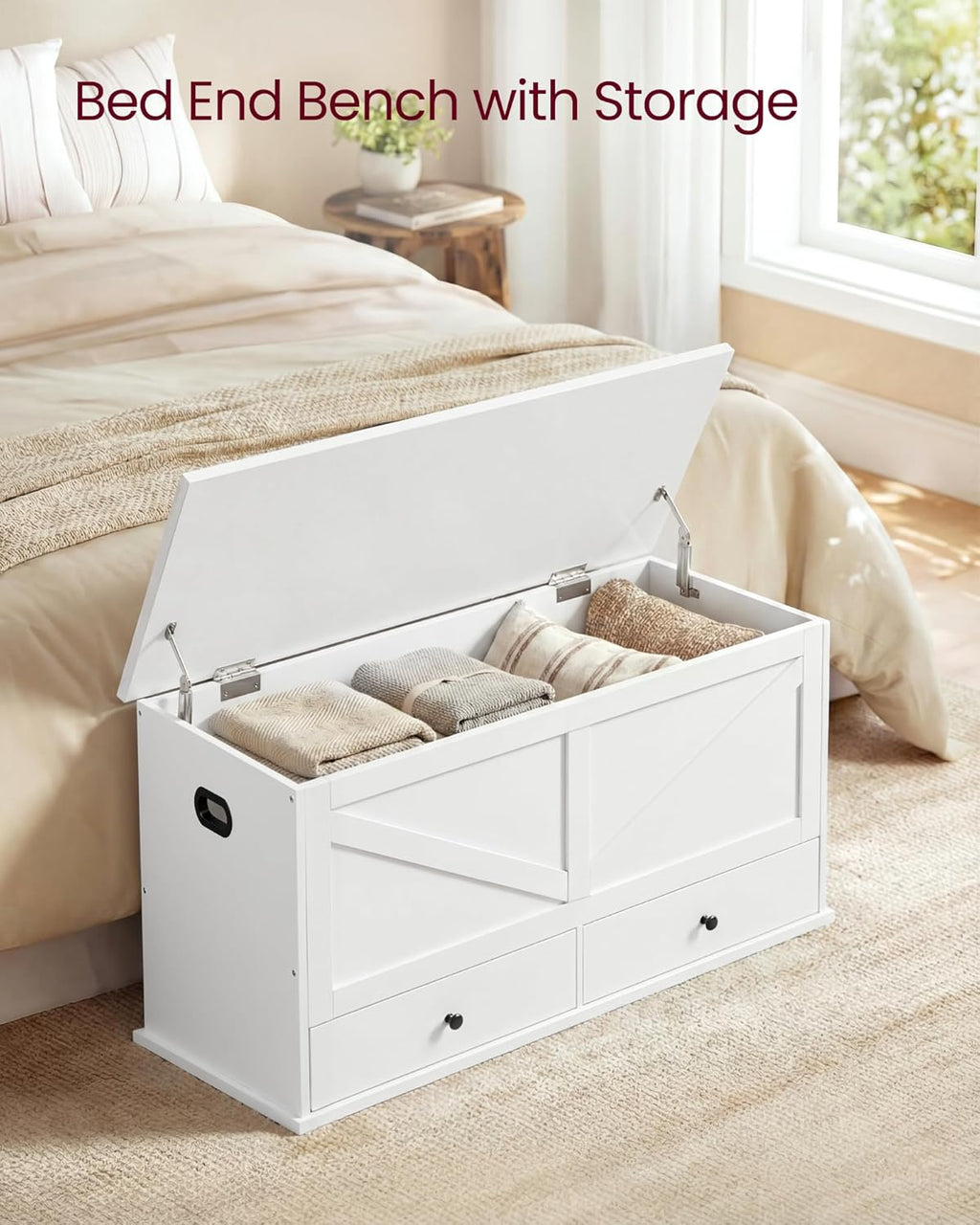 VASAGLE Storage Chest, Storage Bench with 2 Fabric Drawers, Farmhouse Style, for Entryway, Bedroom, Living Room, 15.7 x 39.4 x 19.9 Inches, Cloud White ULSB043W01