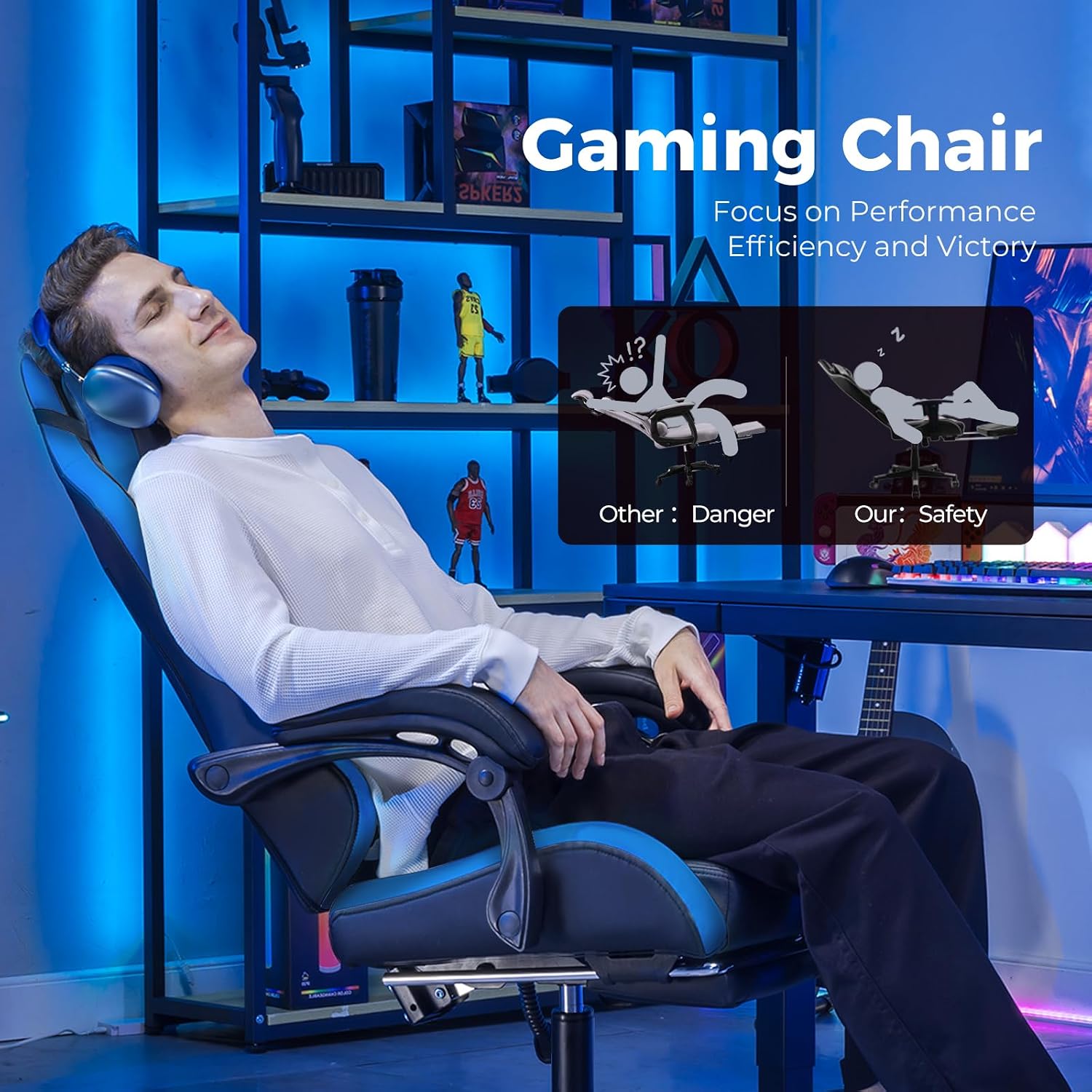 EXRACING Gaming Chair with Footrest, Ergonomic Computer Chair 350lbs High Back for Adults, Height Adjustable Video Game Chair with Headrest and Lumbar Support, 360° Swivel, PU Leather, Blue
