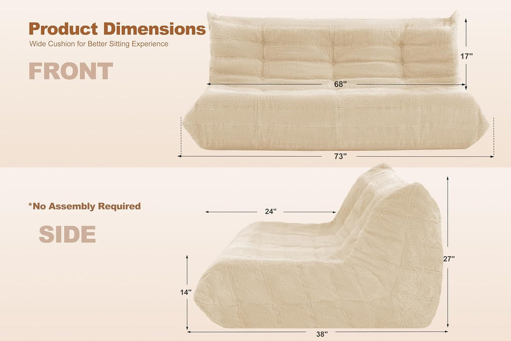 Bean Bag 3-Seater Chair Big Sofa Beanbag Chair for Adults Fireside Chair Bean Bag Lounger with Memory Foam Filled for Home,Apartment or Gaming Venue（Khaki Teddy）