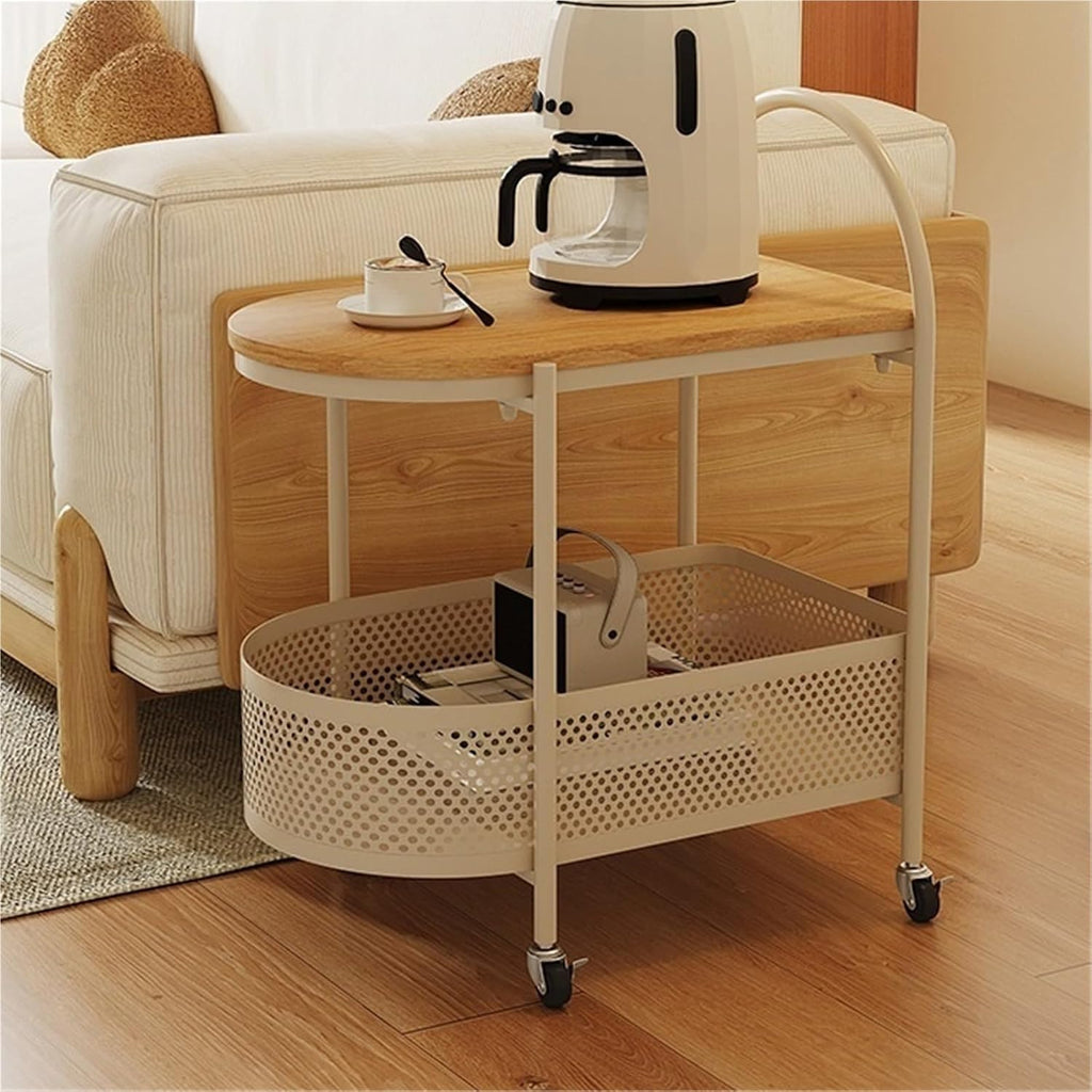 Sofa Side Table with Wheels Coffee Storage Cart Movable End Table with Storage Basket Iron Frame Small Coffee Tables for Living Room Multi Scenario Use(White)