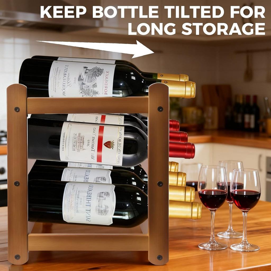Bamboo Wine Rack 3-Tier 12 Bottle, Freestanding Countertop Wine Storage Shelf, Sturdy Natural Wine Holder Display Cabinet for Kitchen, Pantry, Dining Room & Home Bar (3 Tier)