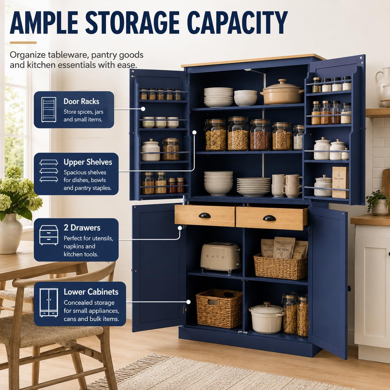 71.3" Kitchen Pantry Cabinet, Freestanding Cupboard, Blue | Painted MDF, 8 door shelves, 2 adjustable shelves, 2 slide-out compartments, anti-tip kits, 40.2"L x 20"W x 71.3"H