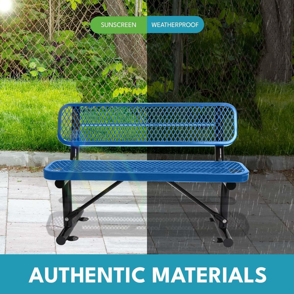 Outdoor Steel Bench with Backrest, Powder Coated Metal Park Seat, Perforated Mesh Patio Seating for Garden, Campus, Trail, Schoolyard, Transit Stop, Playground, Porch, Public Plaza