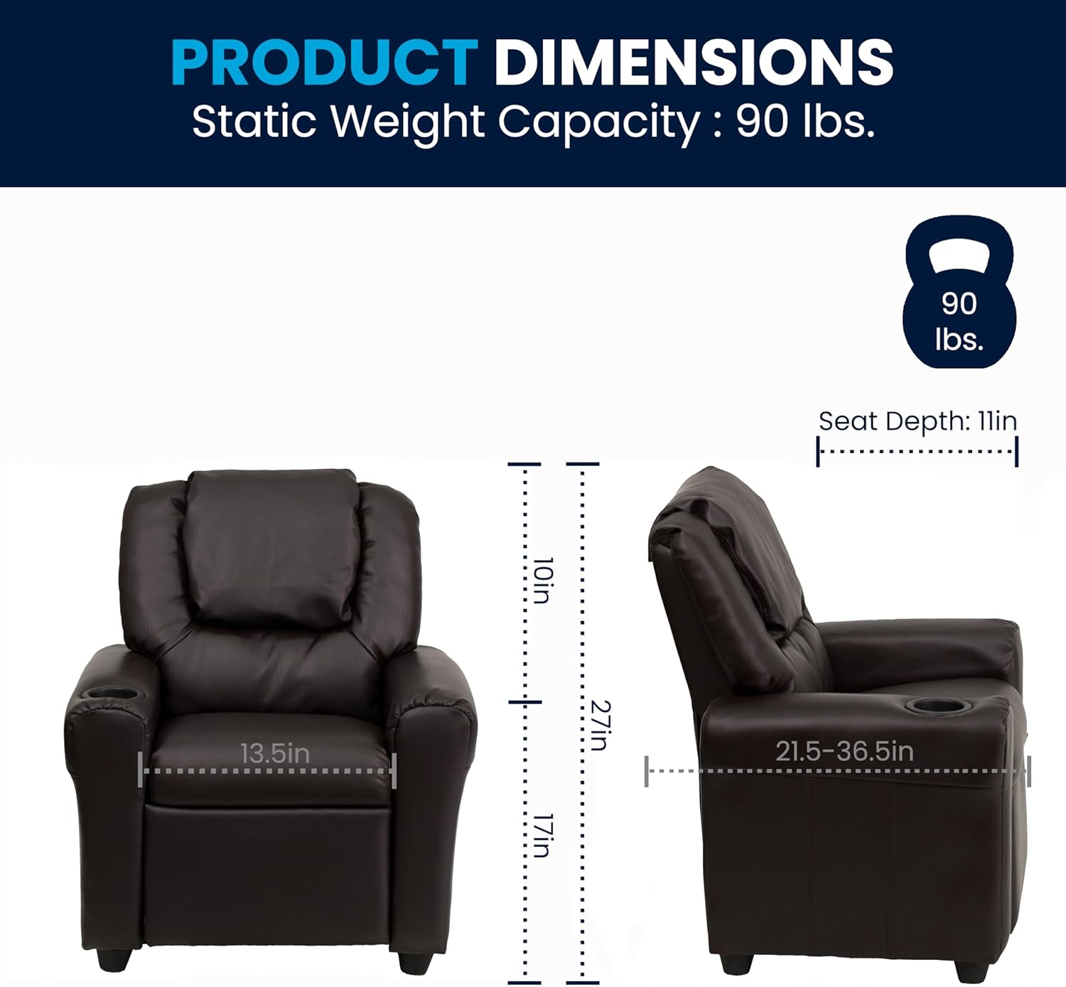Flash Furniture Vana LeatherSoft Kids Recliner with Cup Holder, Headrest, and Safety Recline, Contemporary Reclining Chair for Kids, Supports up to 90 lbs., Brown
