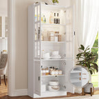 MEISSALIVVE Kitchen Pantry Storage Cabinet with LED Lights, 78.7" Tall with Glass Doors & Drawers, Freestanding Utility Cabinet, White (31.5" W x 15.7" D)
