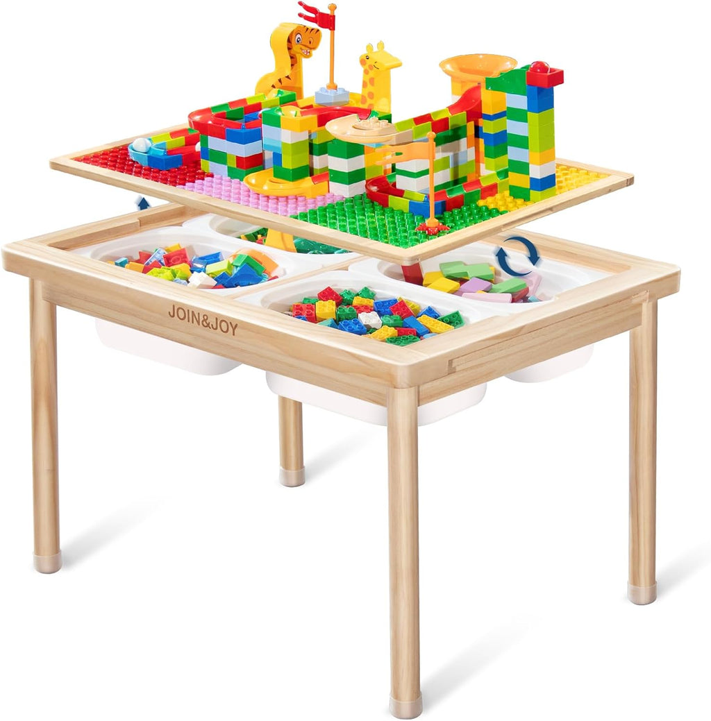 JOIN&JOY 28" Kids Activity Table, Compatible with Lego & Duplo Bricks, 4 Foldable Storage Bins, Premium Solid Pine Wood Play Desk, Reversible Tabletop for Multi-Child STEM Learning & Crafts