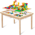 JOIN&JOY 28" Kids Activity Table, Compatible with Lego & Duplo Bricks, 4 Foldable Storage Bins, Premium Solid Pine Wood Play Desk, Reversible Tabletop for Multi-Child STEM Learning & Crafts