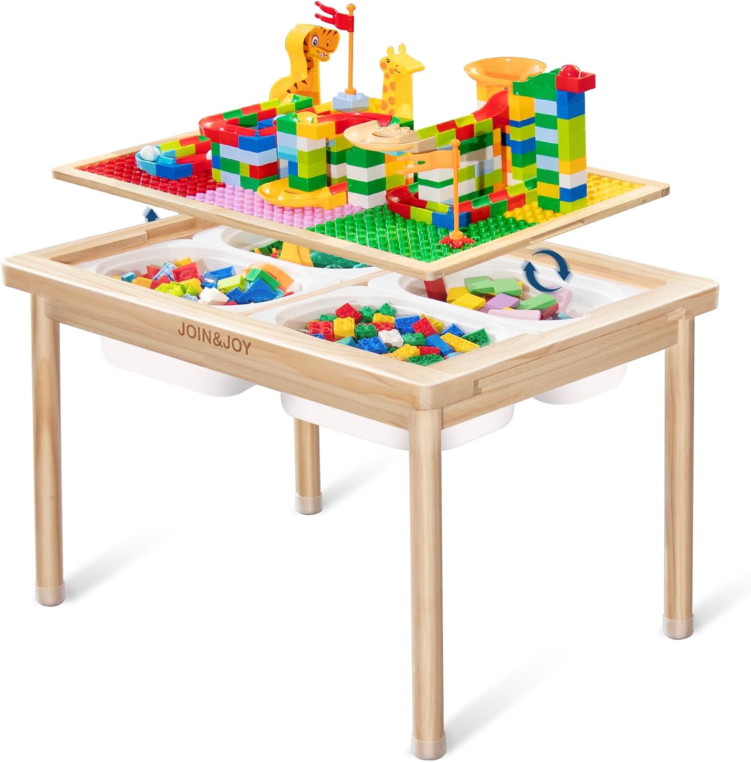 JOIN&JOY 28" Kids Activity Table, Compatible with Lego & Duplo Bricks, 4 Foldable Storage Bins, Premium Solid Pine Wood Play Desk, Reversible Tabletop for Multi-Child STEM Learning & Crafts
